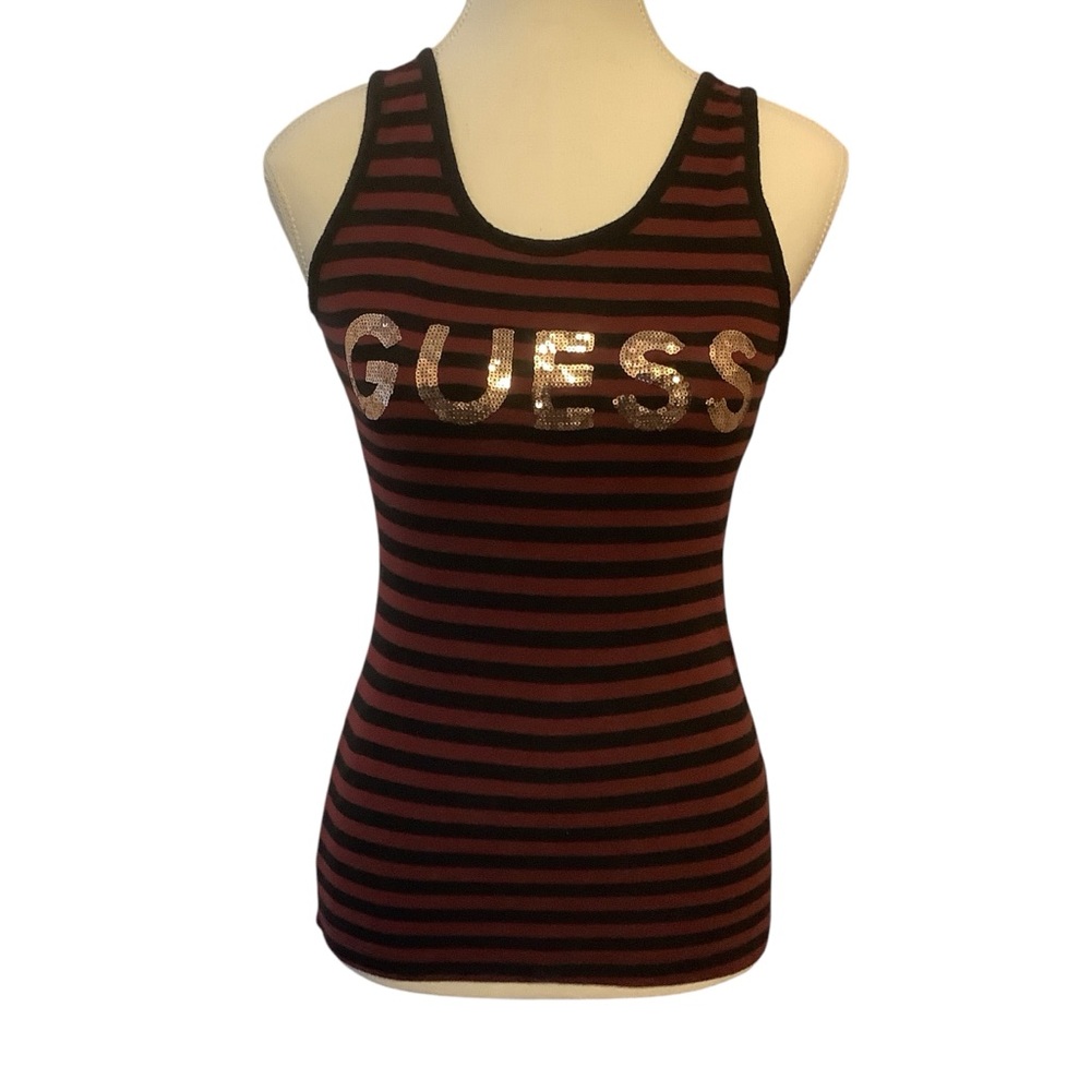 Guess Women's Black and Burgundy Striped Sequin Logo Tank Top